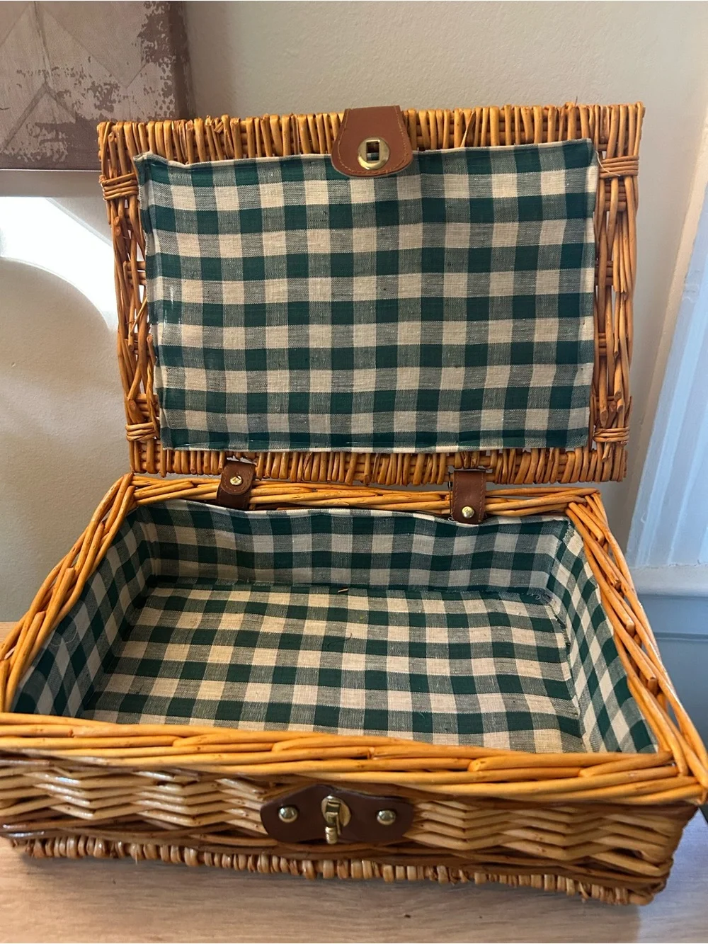 Woven Rattan Picnic Basket with Green Check Lining